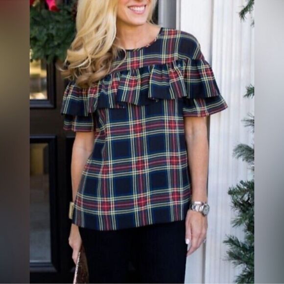 J Crew Edie Stewart Tartan Plaid Ruffle Top Festive Blouse C28 - Picture 1 of 8